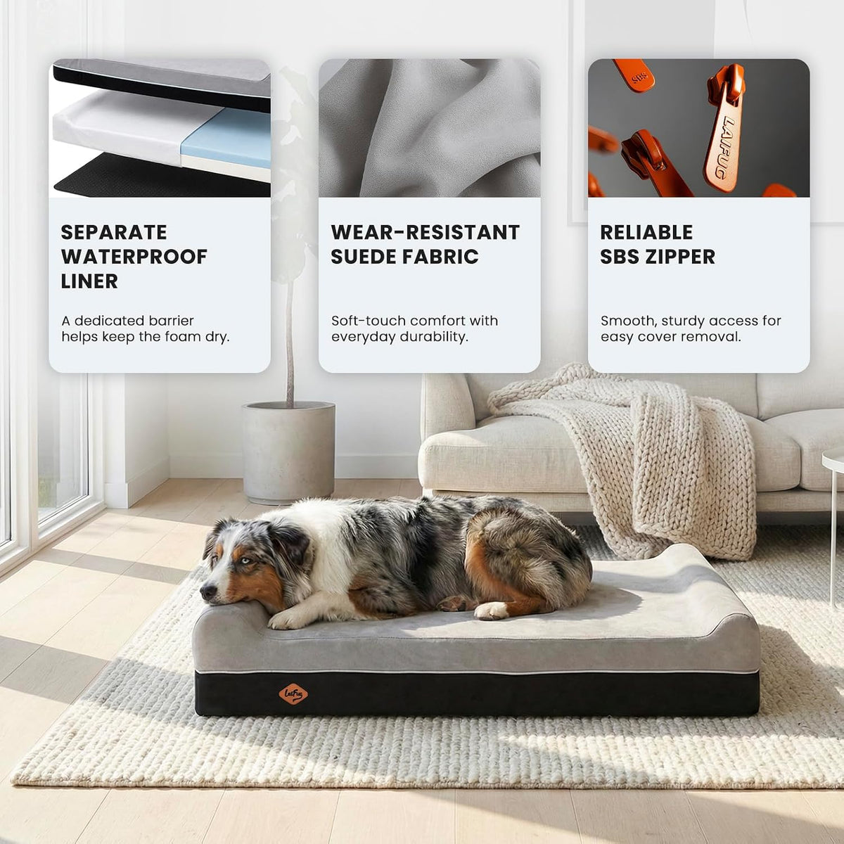 Orthopedic Dog Bed, Slate Grey 50''x36''x10'', Memory Foam