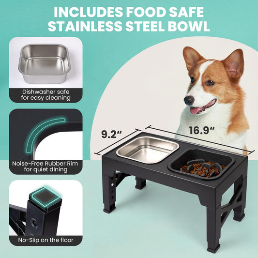 Elevated Dog Bowls with 2 Stainless Steel Dog Food Bowls, Raised Dog Bowl Adjusts to 5 Heights (3.15", 8.66", 9.84",11.02", 12.2") for Small Medium and Large Dogs