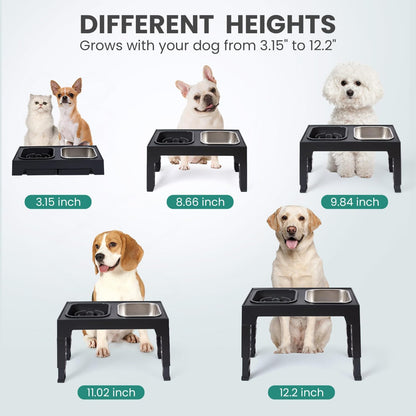 Elevated Dog Bowls with 2 Stainless Steel Dog Food Bowls, Raised Dog Bowl Adjusts to 5 Heights (3.15", 8.66", 9.84",11.02", 12.2") for Small Medium and Large Dogs