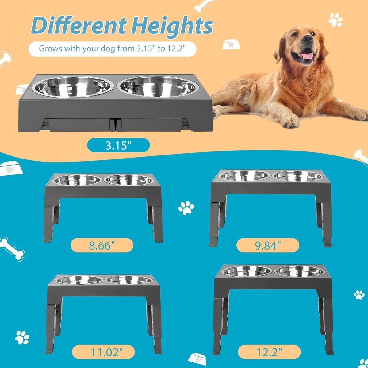Elevated Dog Bowls with 2 Stainless Steel Dog Food Bowls, Raised Dog Bowl Adjusts to 5 Heights (3.15", 8.66", 9.84",11.02", 12.2") for Small Medium and Large Dogs