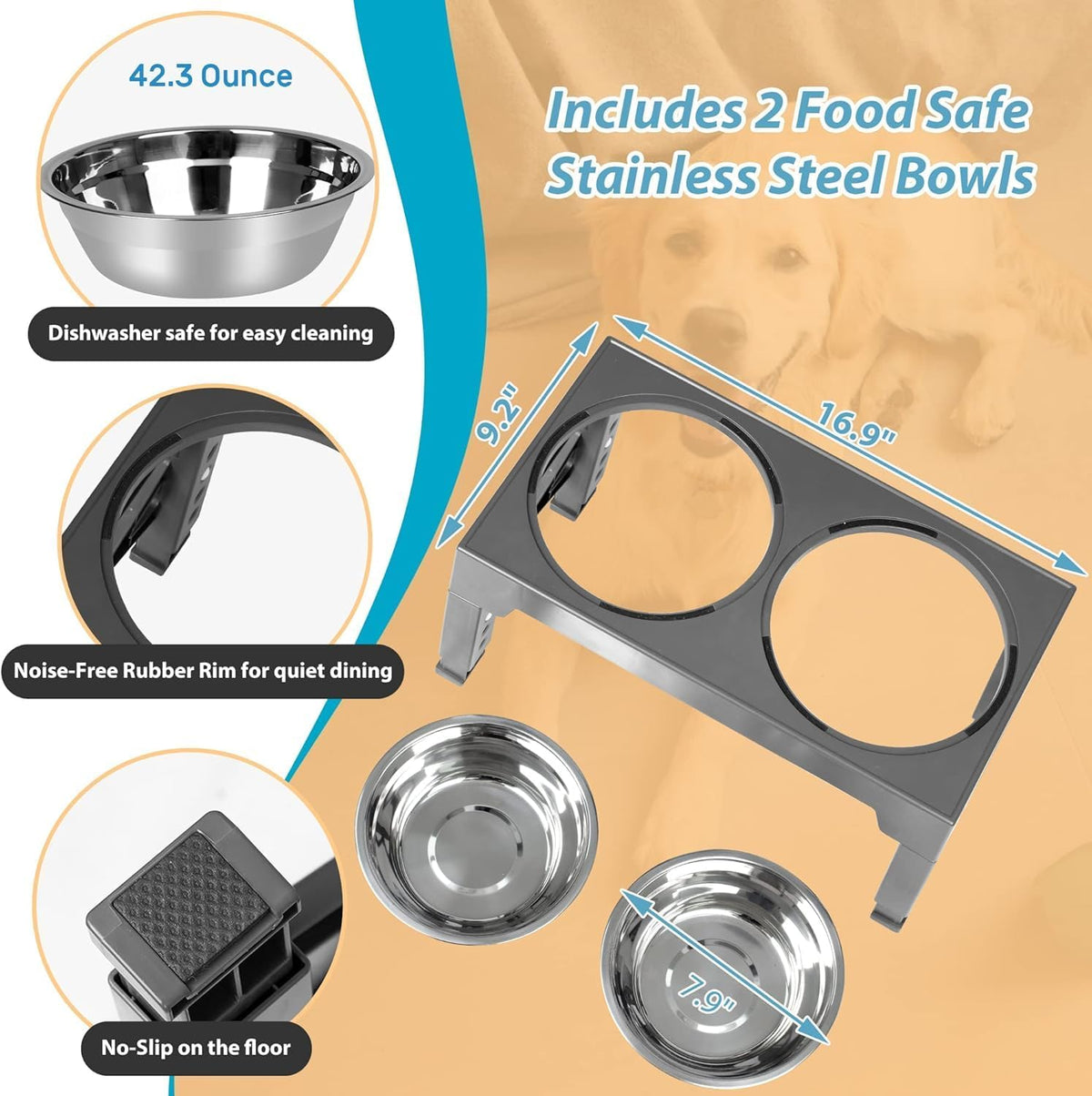 Elevated Dog Bowls with 2 Stainless Steel Dog Food Bowls, Raised Dog Bowl Adjusts to 5 Heights (3.15", 8.66", 9.84",11.02", 12.2") for Small Medium and Large Dogs