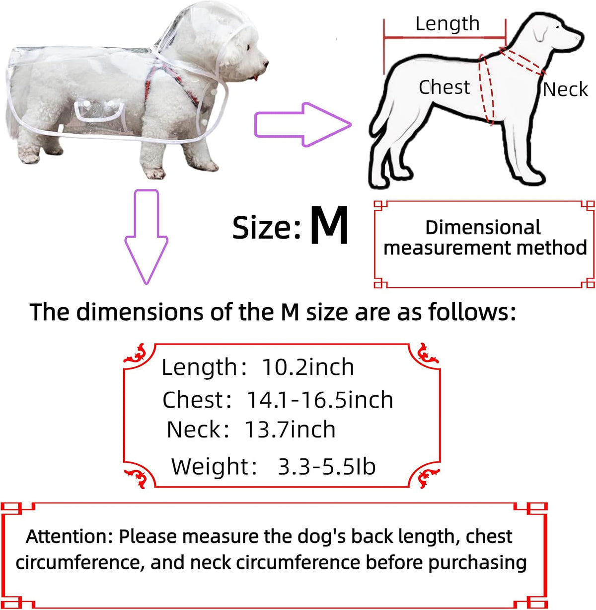 Clear Dog Rain Poncho for Small Medium Dogs,Heavy Waterproof Raincoat with Hidden Leash Hole&Adjustable Snaps,Pet Hooded Cape for Bichon Poodle (4-8lbs) (Transparent, Medium)