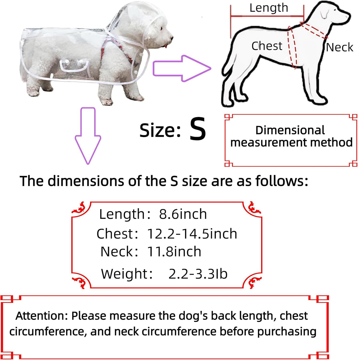 Clear Dog Rain Poncho for Small Medium Dogs,Heavy Waterproof Raincoat with Hidden Leash Hole&Adjustable Snaps,Pet Hooded Cape for Bichon Poodle (4-8lbs) (Transparent, Medium)