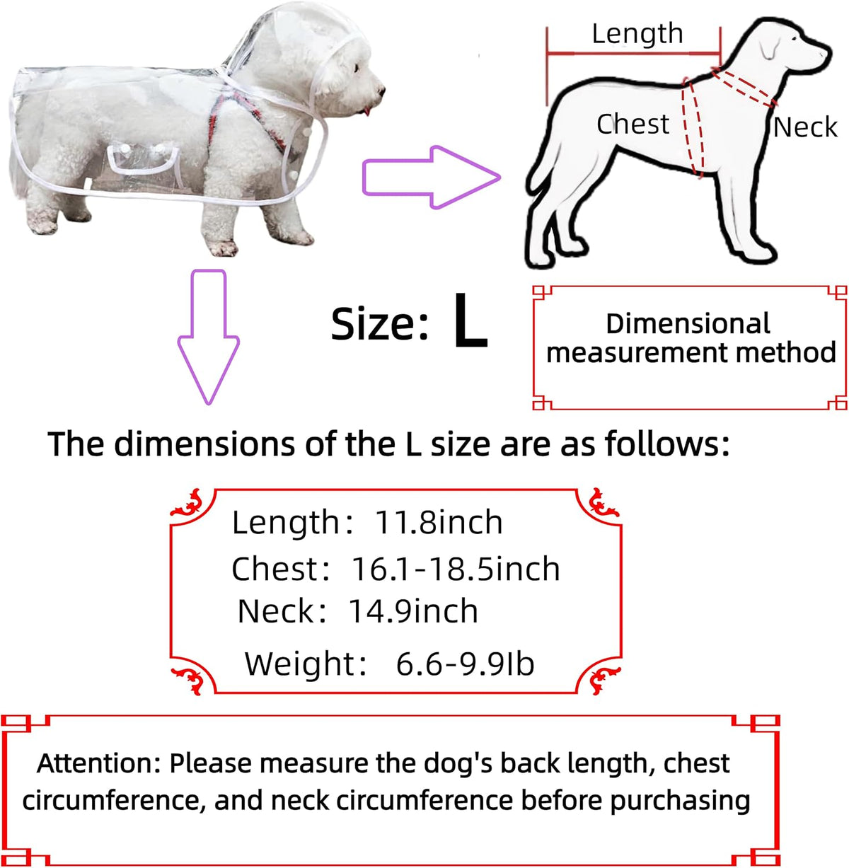 Clear Dog Rain Poncho for Small Medium Dogs,Heavy Waterproof Raincoat with Hidden Leash Hole&Adjustable Snaps,Pet Hooded Cape for Bichon Poodle (4-8lbs) (Transparent, Medium)