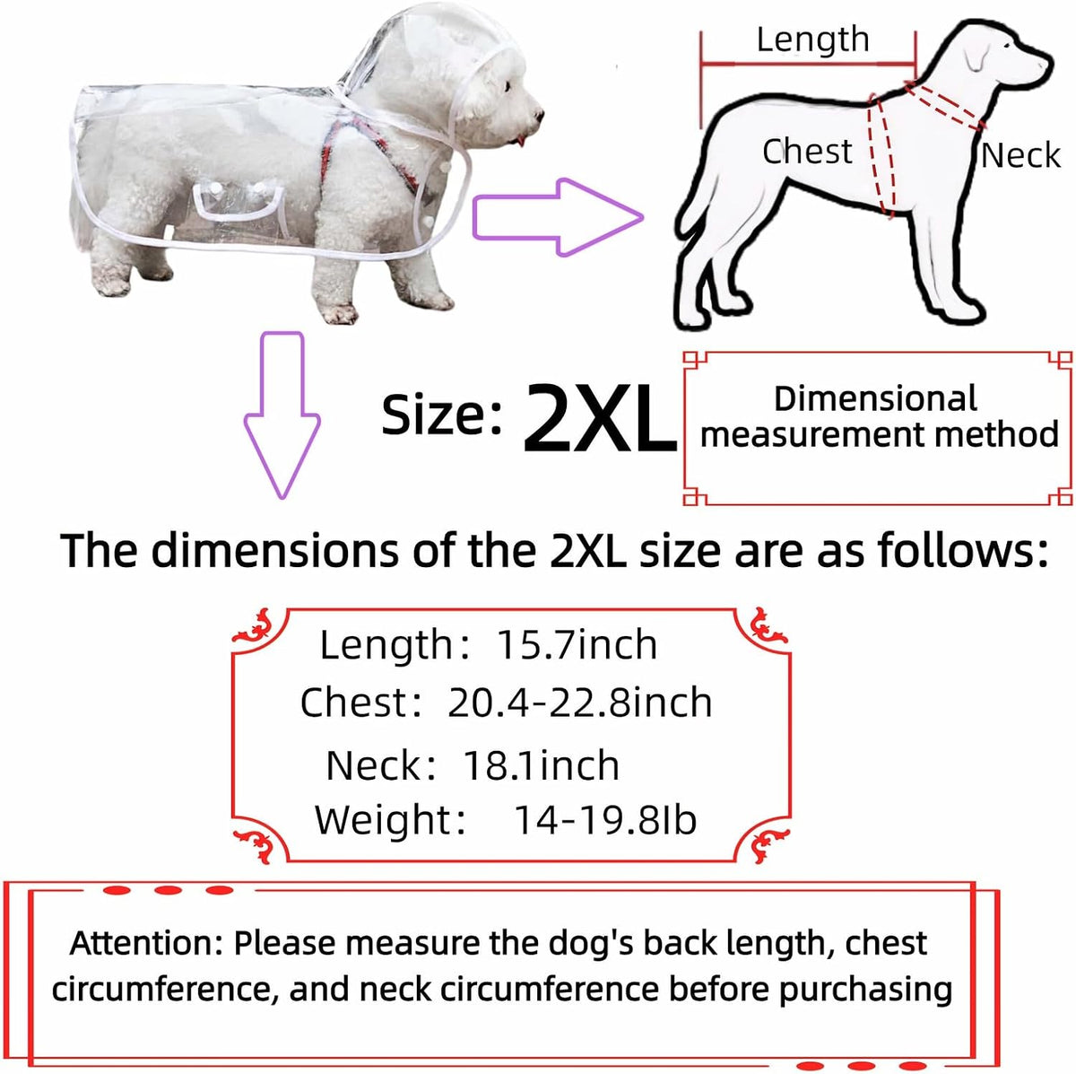 Clear Dog Rain Poncho for Small Medium Dogs,Heavy Waterproof Raincoat with Hidden Leash Hole&Adjustable Snaps,Pet Hooded Cape for Bichon Poodle (4-8lbs) (Transparent, Medium)