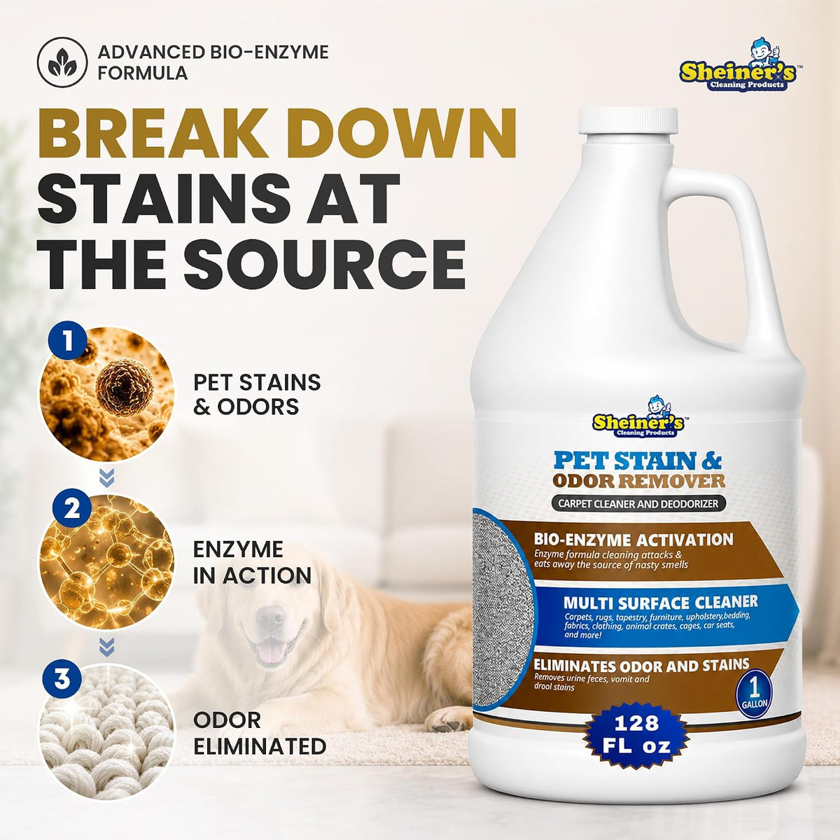 Pet Urine Enzyme Cleaner & Pet Stain & Odor Remover, Advanced Enzymatic Cleaner Solution for Carpets, Rugs, Upholstery & Multi-Surfaces, Safe for Pets & Kids. (128 oz)
