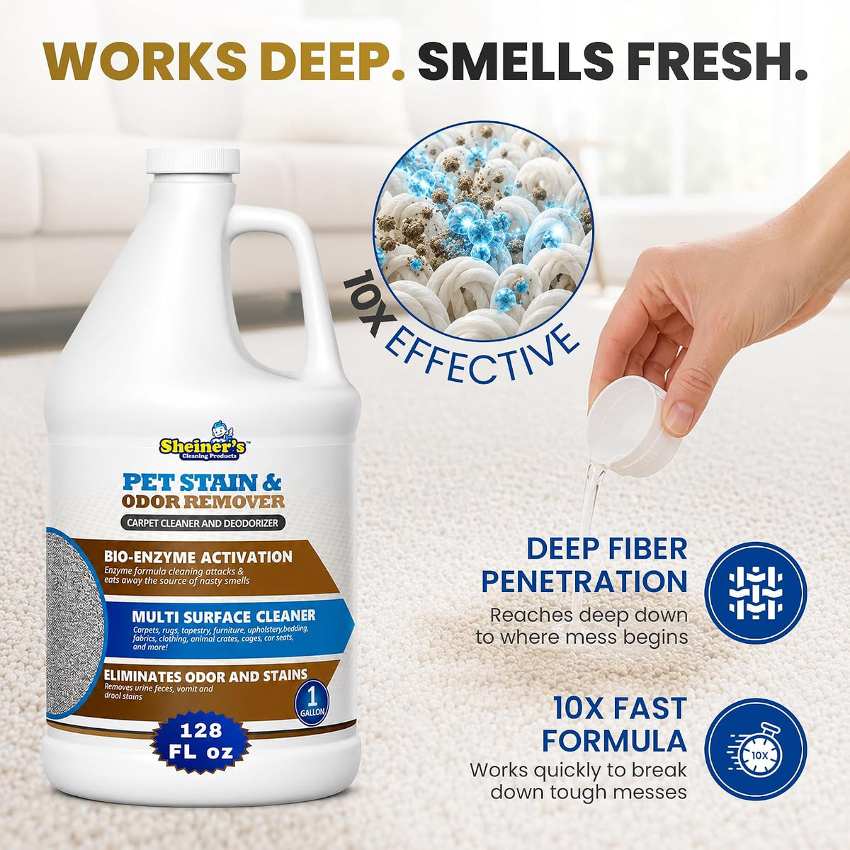 Pet Urine Enzyme Cleaner & Pet Stain & Odor Remover, Advanced Enzymatic Cleaner Solution for Carpets, Rugs, Upholstery & Multi-Surfaces, Safe for Pets & Kids. (128 oz)