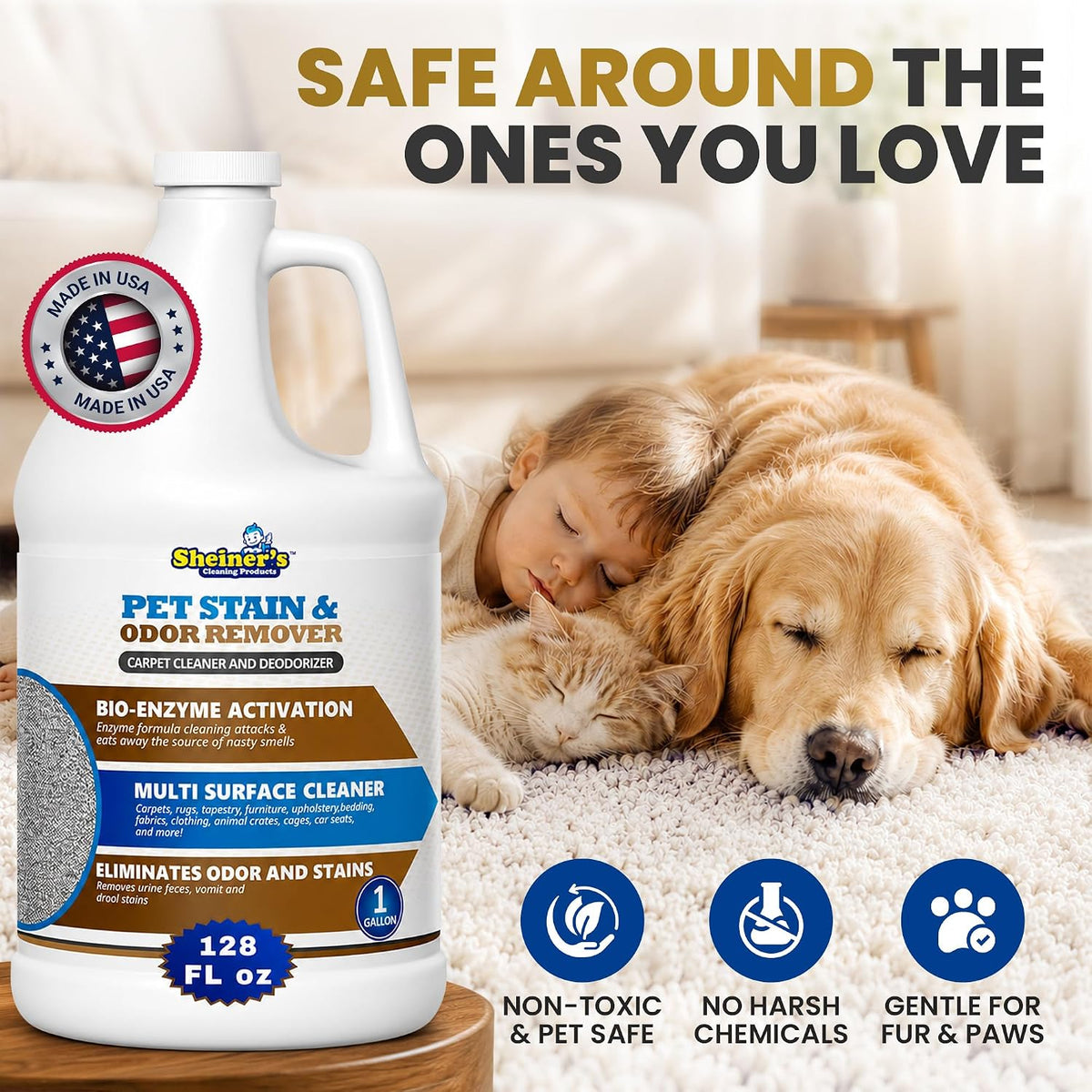 Pet Urine Enzyme Cleaner & Pet Stain & Odor Remover, Advanced Enzymatic Cleaner Solution for Carpets, Rugs, Upholstery & Multi-Surfaces, Safe for Pets & Kids. (128 oz)