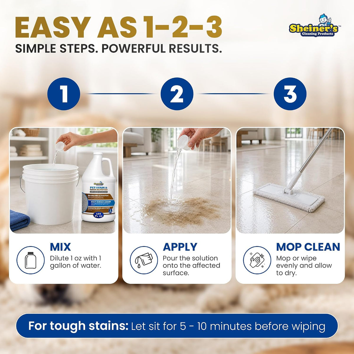Pet Urine Enzyme Cleaner & Pet Stain & Odor Remover, Advanced Enzymatic Cleaner Solution for Carpets, Rugs, Upholstery & Multi-Surfaces, Safe for Pets & Kids. (128 oz)