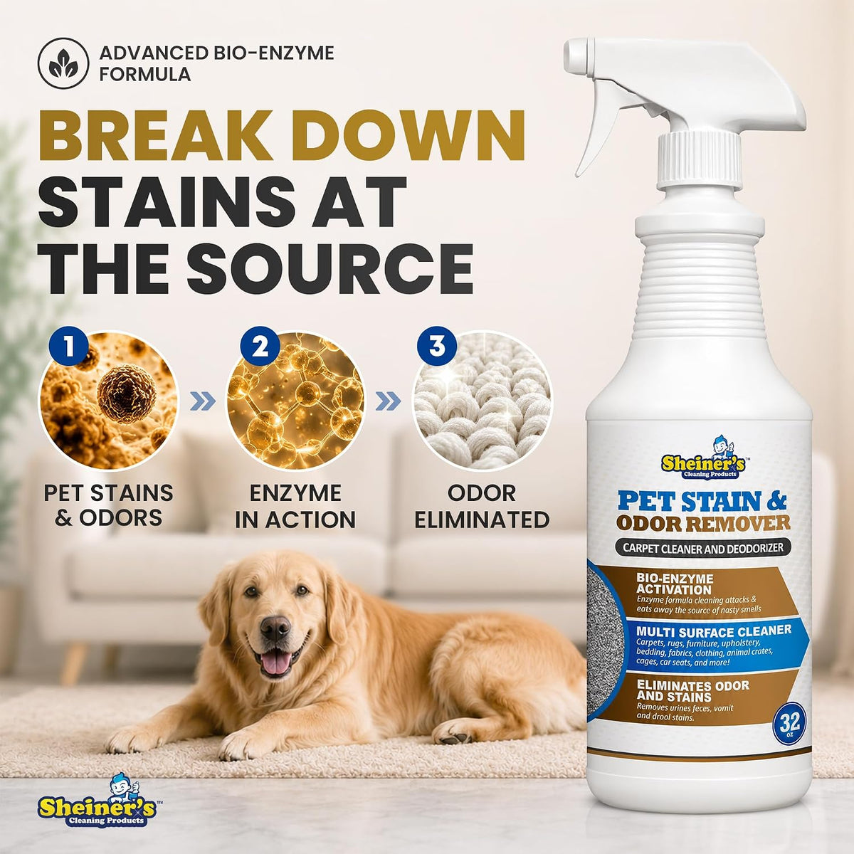 Pet Urine Enzyme Cleaner & Pet Stain & Odor Remover, Advanced Enzymatic Cleaner Solution for Carpets, Rugs, Upholstery & Multi-Surfaces, Safe for Pets & Kids. (128 oz)