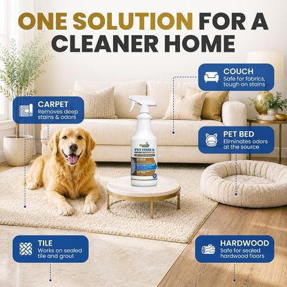 Pet Urine Enzyme Cleaner & Pet Stain & Odor Remover, Advanced Enzymatic Cleaner Solution for Carpets, Rugs, Upholstery & Multi-Surfaces, Safe for Pets & Kids. (128 oz)