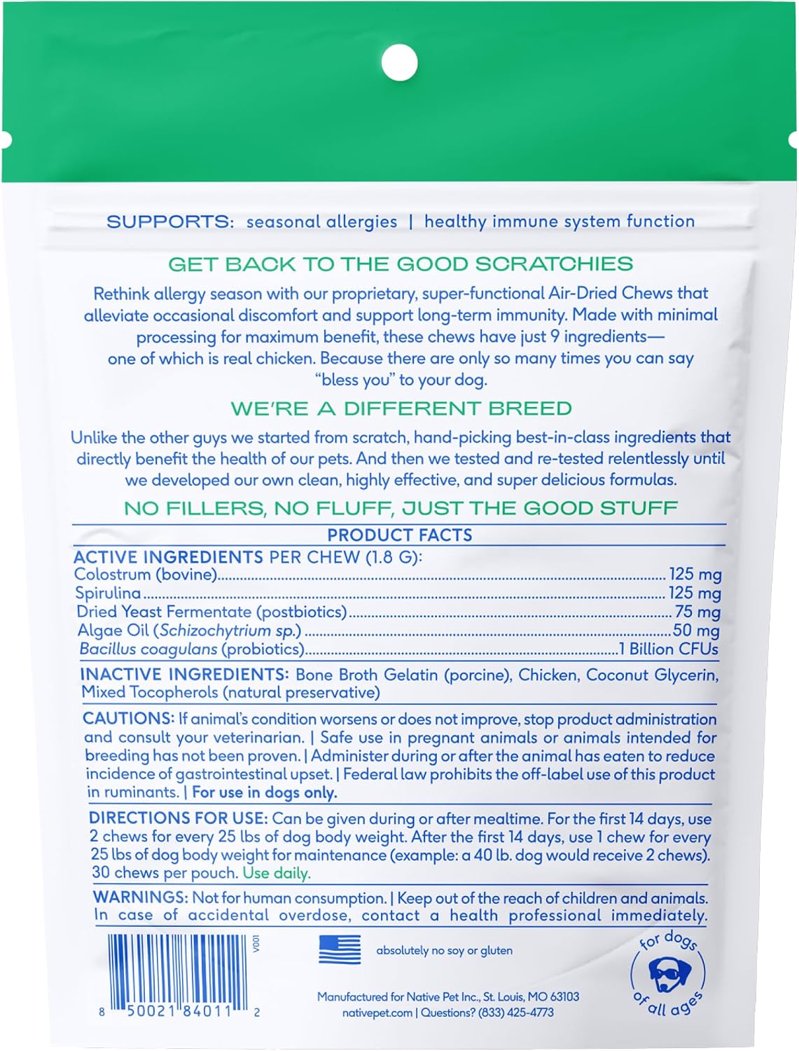 Dog Allergy Chews for Medium Breeds - Itchy Skin and Seasonal Itch Support - Colostrum, Probiotics, Spirulina - 30 Chews