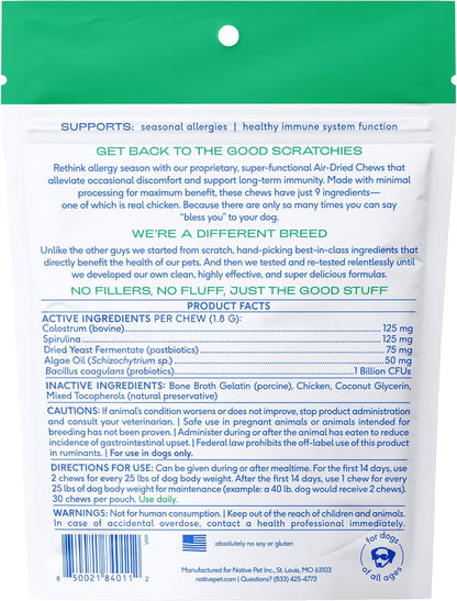 Dog Allergy Chews for Medium Breeds - Itchy Skin and Seasonal Itch Support - Colostrum, Probiotics, Spirulina - 30 Chews
