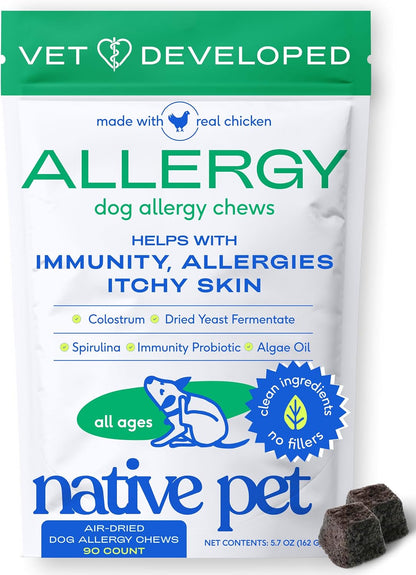 Dog Allergy Chews for Medium Breeds - Itchy Skin and Seasonal Itch Support - Colostrum, Probiotics, Spirulina - 30 Chews