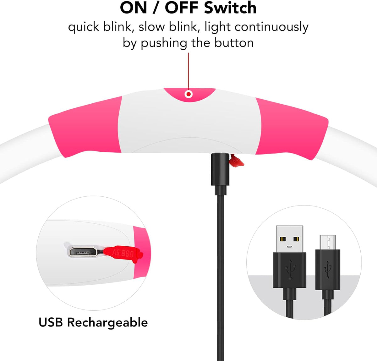 Light Up Dog Collar, USB Rechargeable LED Glow, Pink