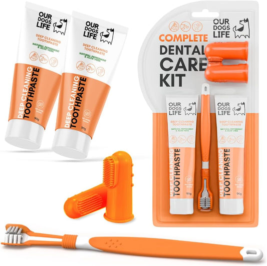 Dog Toothbrush with Toothpaste | Approved Dog Dental Kit | Triple Headed Deep Cleaning Toothbrush for Dogs + 100% Natural Tooth-Paste | Freshen Breathe & Remove Plaque (Dental Kit)