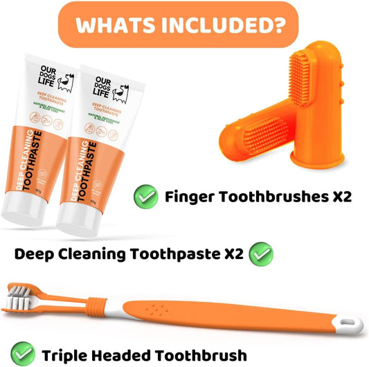 Dog Toothbrush with Toothpaste | Approved Dog Dental Kit | Triple Headed Deep Cleaning Toothbrush for Dogs + 100% Natural Tooth-Paste | Freshen Breathe & Remove Plaque (Dental Kit)