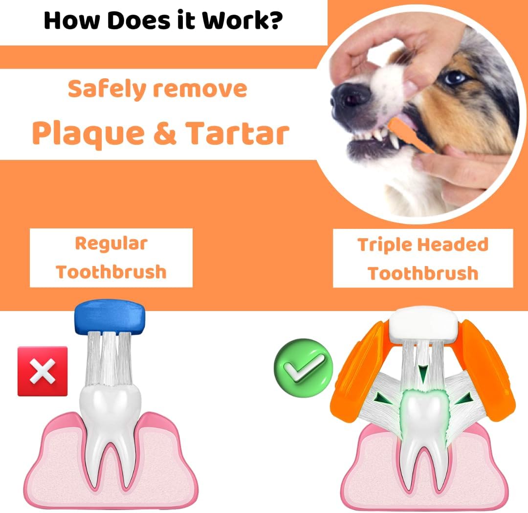 Dog Toothbrush with Toothpaste | Approved Dog Dental Kit | Triple Headed Deep Cleaning Toothbrush for Dogs + 100% Natural Tooth-Paste | Freshen Breathe & Remove Plaque (Dental Kit)