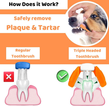 Dog Toothbrush with Toothpaste | Approved Dog Dental Kit | Triple Headed Deep Cleaning Toothbrush for Dogs + 100% Natural Tooth-Paste | Freshen Breathe & Remove Plaque (Dental Kit)