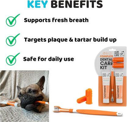 Dog Toothbrush with Toothpaste | Approved Dog Dental Kit | Triple Headed Deep Cleaning Toothbrush for Dogs + 100% Natural Tooth-Paste | Freshen Breathe & Remove Plaque (Dental Kit)