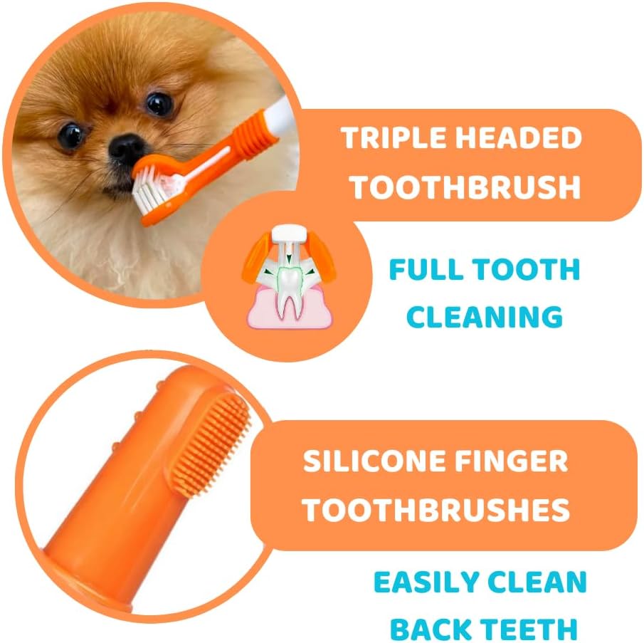 Dog Toothbrush with Toothpaste | Approved Dog Dental Kit | Triple Headed Deep Cleaning Toothbrush for Dogs + 100% Natural Tooth-Paste | Freshen Breathe & Remove Plaque (Dental Kit)
