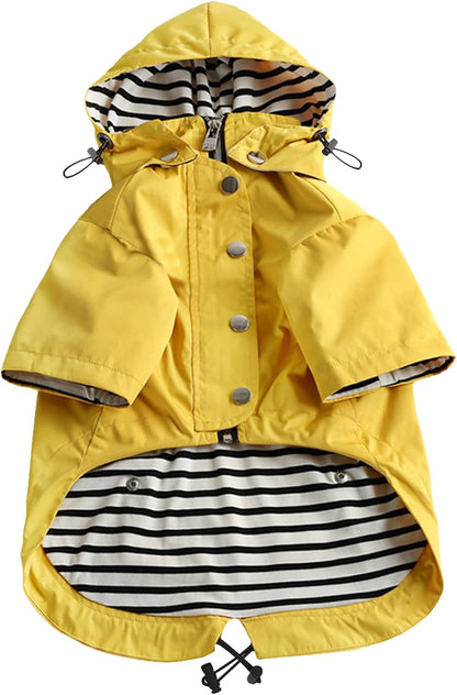 Dog Zip Up Raincoat with Reflective Buttons, Rain/Water Resistant, Adjustable Drawstring, Removable Hood, Raincoats with Legs 8lbs to 80lbs Available - Yellow - L