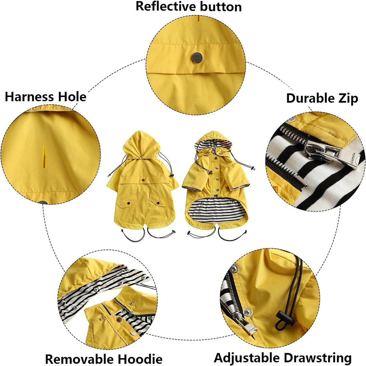 Dog Zip Up Raincoat with Reflective Buttons, Rain/Water Resistant, Adjustable Drawstring, Removable Hood, Raincoats with Legs 8lbs to 80lbs Available - Yellow - L