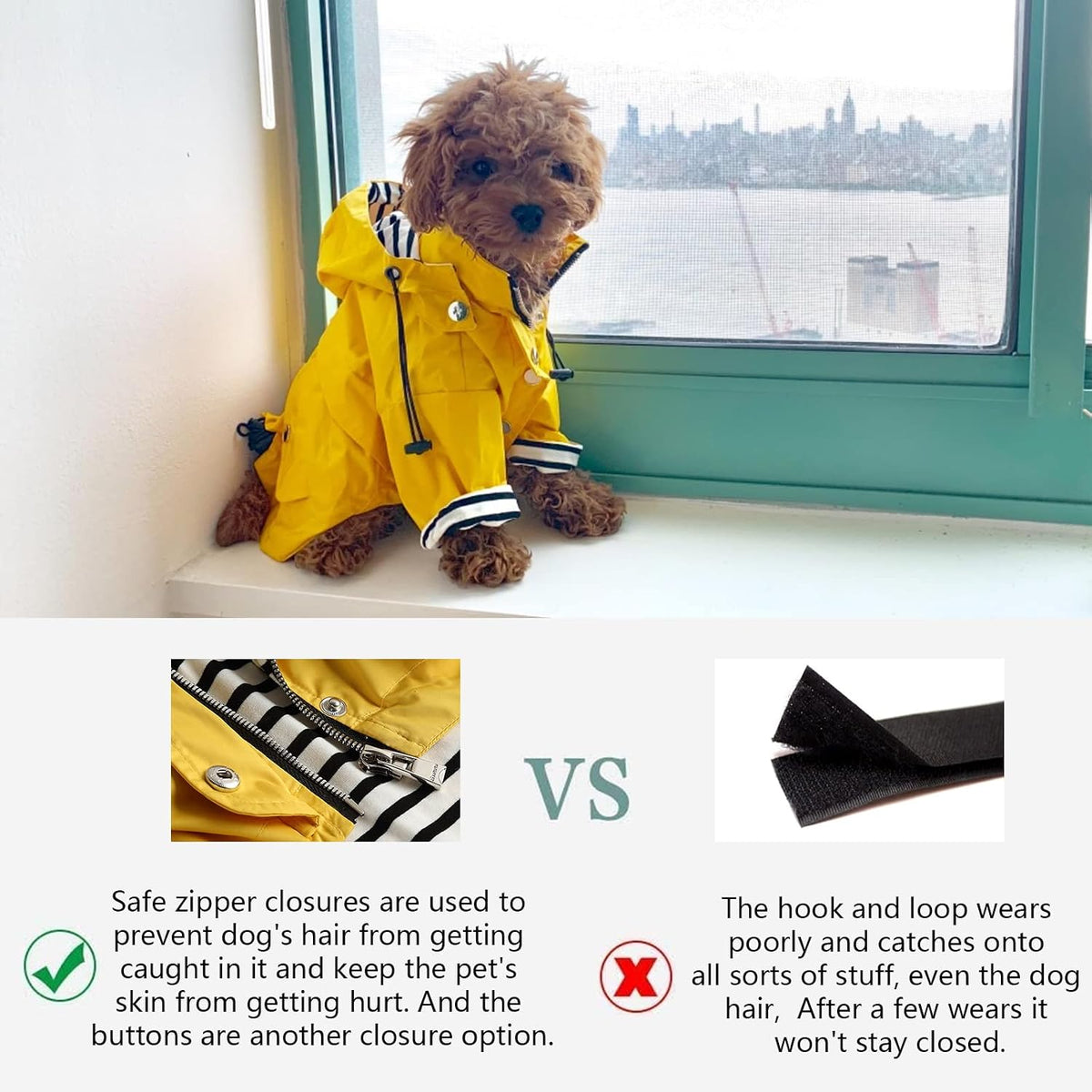 Dog Zip Up Raincoat with Reflective Buttons, Rain/Water Resistant, Adjustable Drawstring, Removable Hood, Raincoats with Legs 8lbs to 80lbs Available - Yellow - L