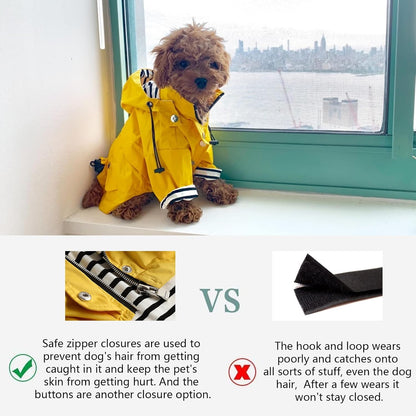 Dog Zip Up Raincoat with Reflective Buttons, Rain/Water Resistant, Adjustable Drawstring, Removable Hood, Raincoats with Legs 8lbs to 80lbs Available - Yellow - L