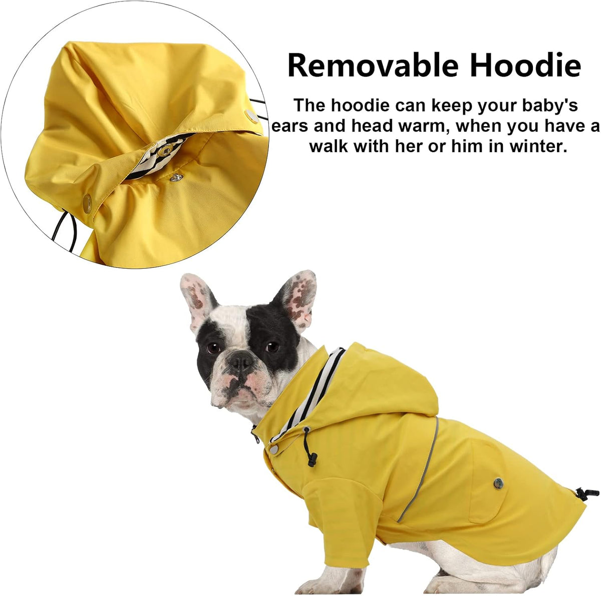 Dog Zip Up Raincoat with Reflective Buttons, Rain/Water Resistant, Adjustable Drawstring, Removable Hood, Raincoats with Legs 8lbs to 80lbs Available - Yellow - L