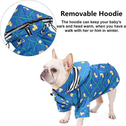 Dog Zip Up Raincoat with Reflective Buttons, Rain/Water Resistant, Adjustable Drawstring, Removable Hood, Raincoats with Legs 8lbs to 80lbs Available - Yellow - L