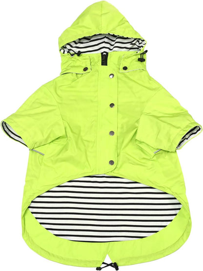 Dog Zip Up Raincoat with Reflective Buttons, Rain/Water Resistant, Adjustable Drawstring, Removable Hood, Raincoats with Legs 8lbs to 80lbs Available - Yellow - L