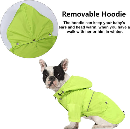 Dog Zip Up Raincoat with Reflective Buttons, Rain/Water Resistant, Adjustable Drawstring, Removable Hood, Raincoats with Legs 8lbs to 80lbs Available - Yellow - L