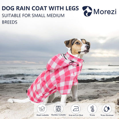 Dog Zip Up Raincoat with Reflective Buttons, Rain/Water Resistant, Adjustable Drawstring, Removable Hood, Raincoats with Legs 8lbs to 80lbs Available - Yellow - L