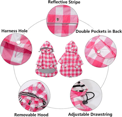 Dog Zip Up Raincoat with Reflective Buttons, Rain/Water Resistant, Adjustable Drawstring, Removable Hood, Raincoats with Legs 8lbs to 80lbs Available - Yellow - L