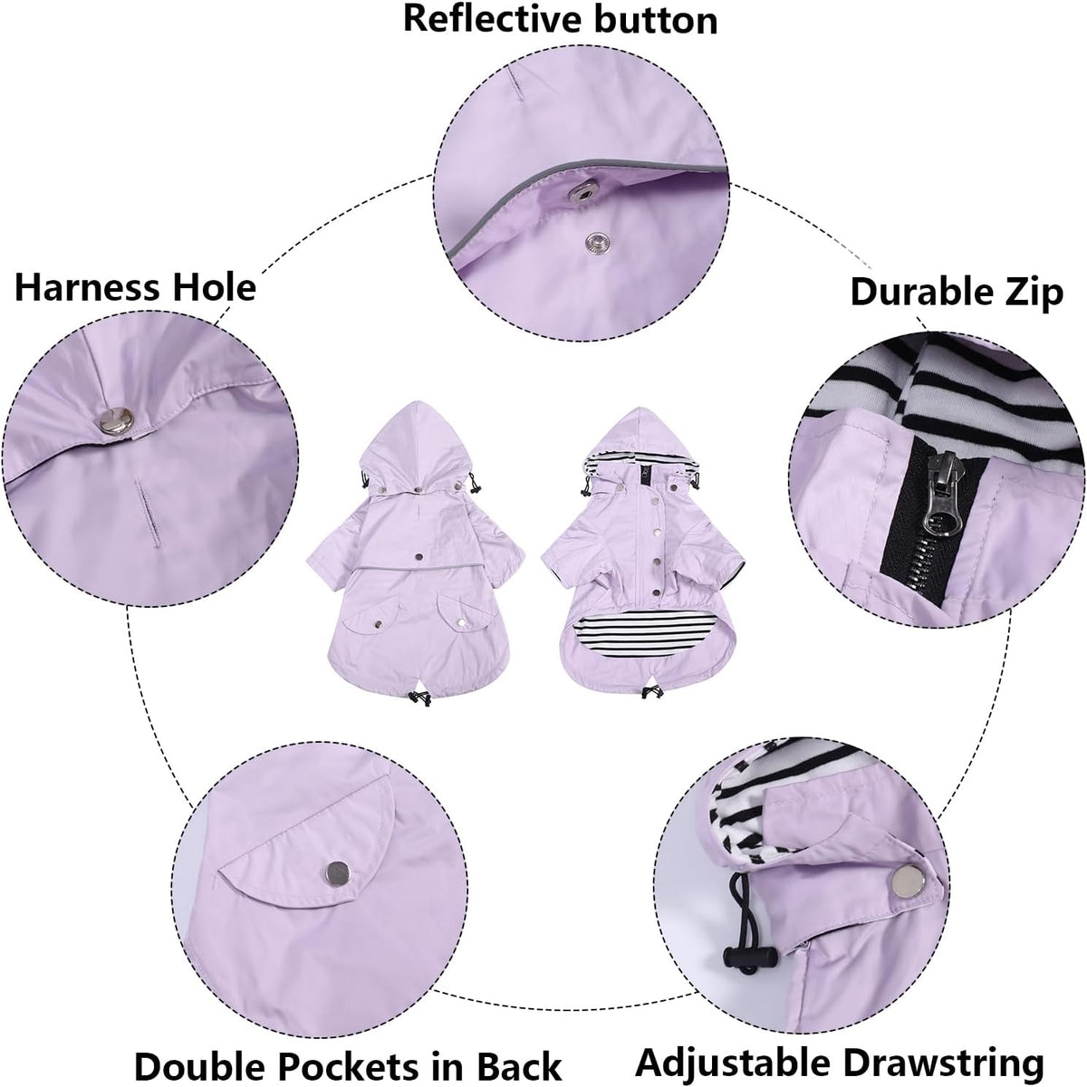 Dog Zip Up Raincoat with Reflective Buttons, Rain/Water Resistant, Adjustable Drawstring, Removable Hood, Raincoats with Legs 8lbs to 80lbs Available - Yellow - L