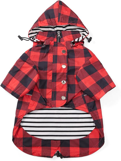 Dog Zip Up Raincoat with Reflective Buttons, Rain/Water Resistant, Adjustable Drawstring, Removable Hood, Raincoats with Legs 8lbs to 80lbs Available - Yellow - L