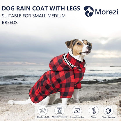 Dog Zip Up Raincoat with Reflective Buttons, Rain/Water Resistant, Adjustable Drawstring, Removable Hood, Raincoats with Legs 8lbs to 80lbs Available - Yellow - L