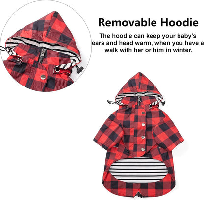 Dog Zip Up Raincoat with Reflective Buttons, Rain/Water Resistant, Adjustable Drawstring, Removable Hood, Raincoats with Legs 8lbs to 80lbs Available - Yellow - L