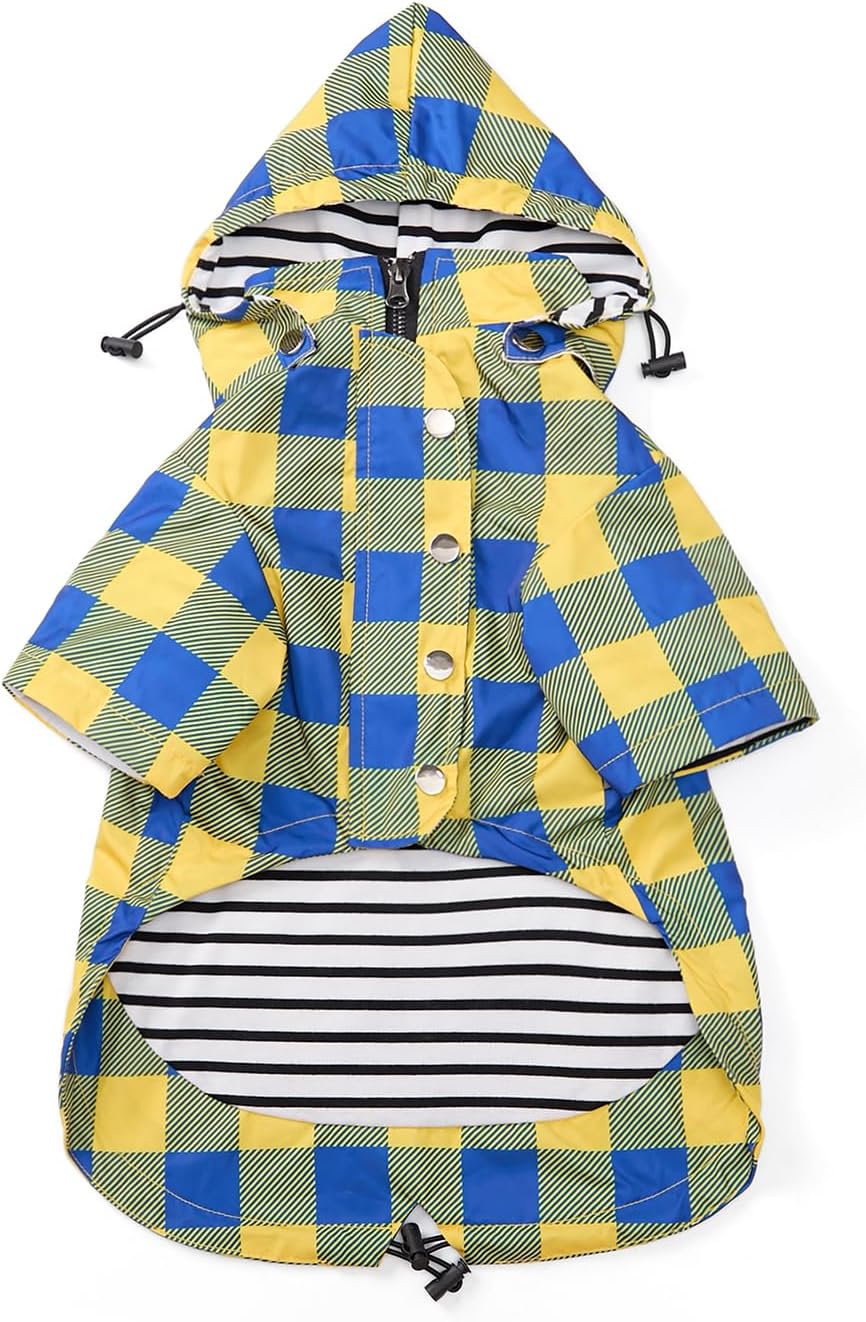 Dog Zip Up Raincoat with Reflective Buttons, Rain/Water Resistant, Adjustable Drawstring, Removable Hood, Raincoats with Legs 8lbs to 80lbs Available - Yellow - L