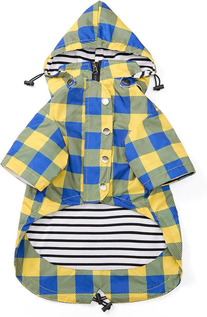 Dog Zip Up Raincoat with Reflective Buttons, Rain/Water Resistant, Adjustable Drawstring, Removable Hood, Raincoats with Legs 8lbs to 80lbs Available - Yellow - L