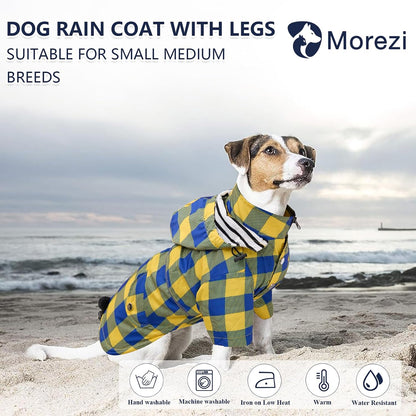 Dog Zip Up Raincoat with Reflective Buttons, Rain/Water Resistant, Adjustable Drawstring, Removable Hood, Raincoats with Legs 8lbs to 80lbs Available - Yellow - L