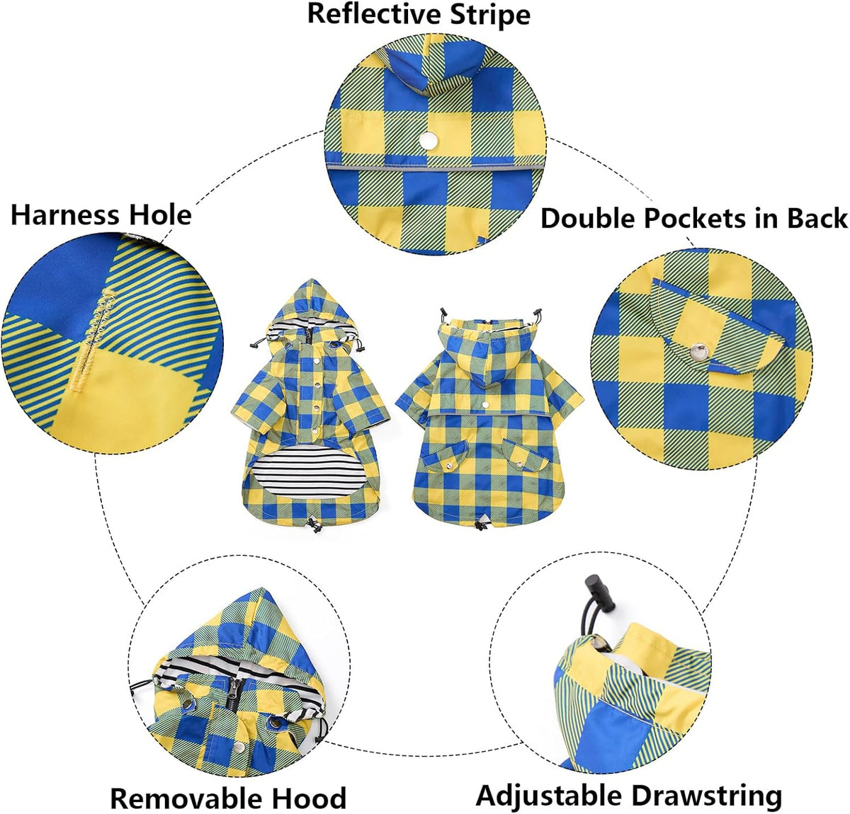 Dog Zip Up Raincoat with Reflective Buttons, Rain/Water Resistant, Adjustable Drawstring, Removable Hood, Raincoats with Legs 8lbs to 80lbs Available - Yellow - L