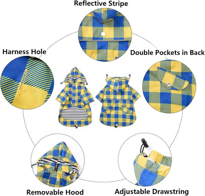 Dog Zip Up Raincoat with Reflective Buttons, Rain/Water Resistant, Adjustable Drawstring, Removable Hood, Raincoats with Legs 8lbs to 80lbs Available - Yellow - L