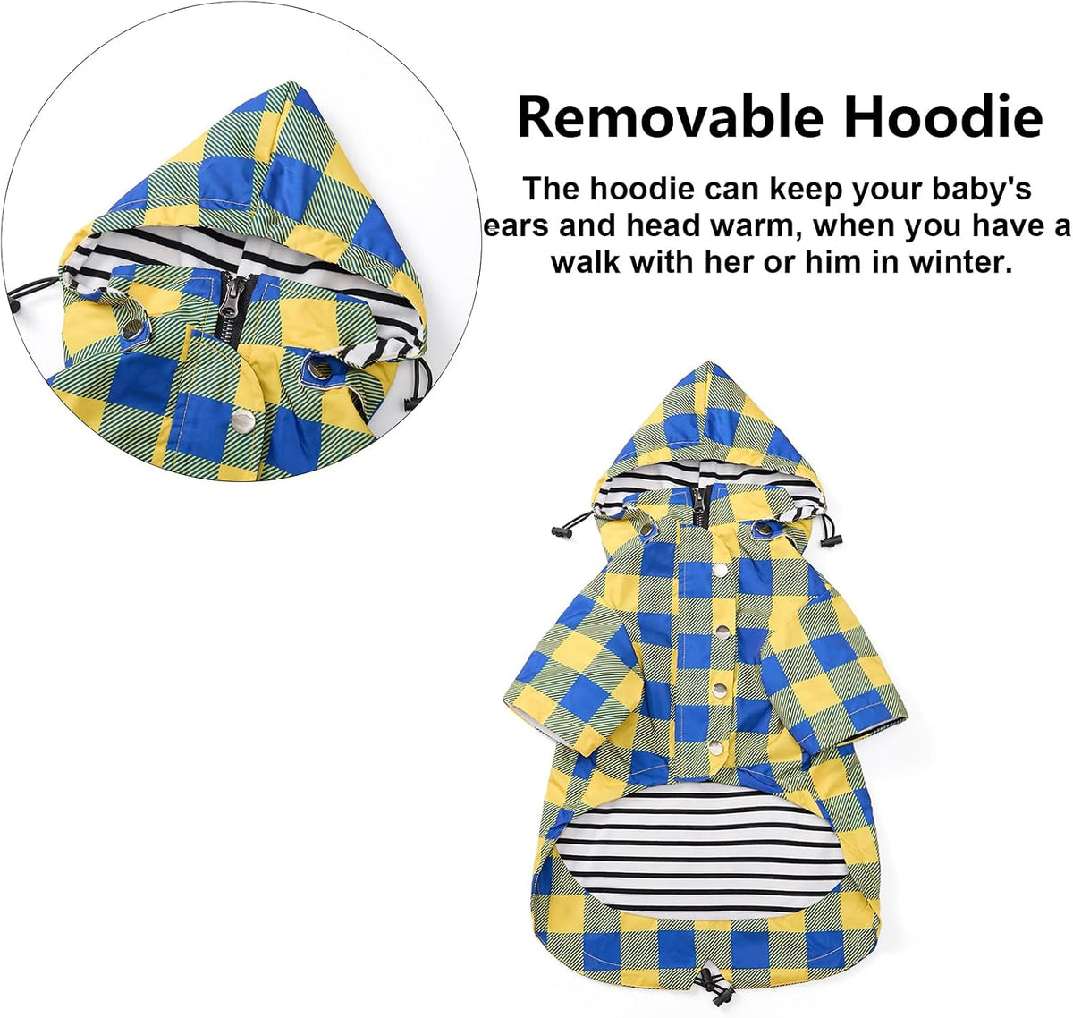 Dog Zip Up Raincoat with Reflective Buttons, Rain/Water Resistant, Adjustable Drawstring, Removable Hood, Raincoats with Legs 8lbs to 80lbs Available - Yellow - L