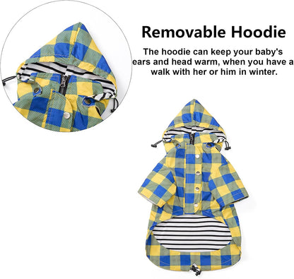 Dog Zip Up Raincoat with Reflective Buttons, Rain/Water Resistant, Adjustable Drawstring, Removable Hood, Raincoats with Legs 8lbs to 80lbs Available - Yellow - L