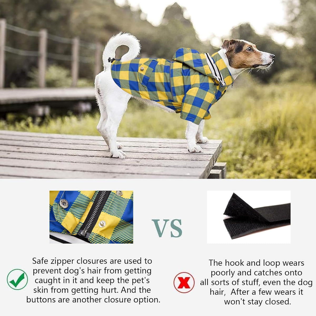 Dog Zip Up Raincoat with Reflective Buttons, Rain/Water Resistant, Adjustable Drawstring, Removable Hood, Raincoats with Legs 8lbs to 80lbs Available - Yellow - L