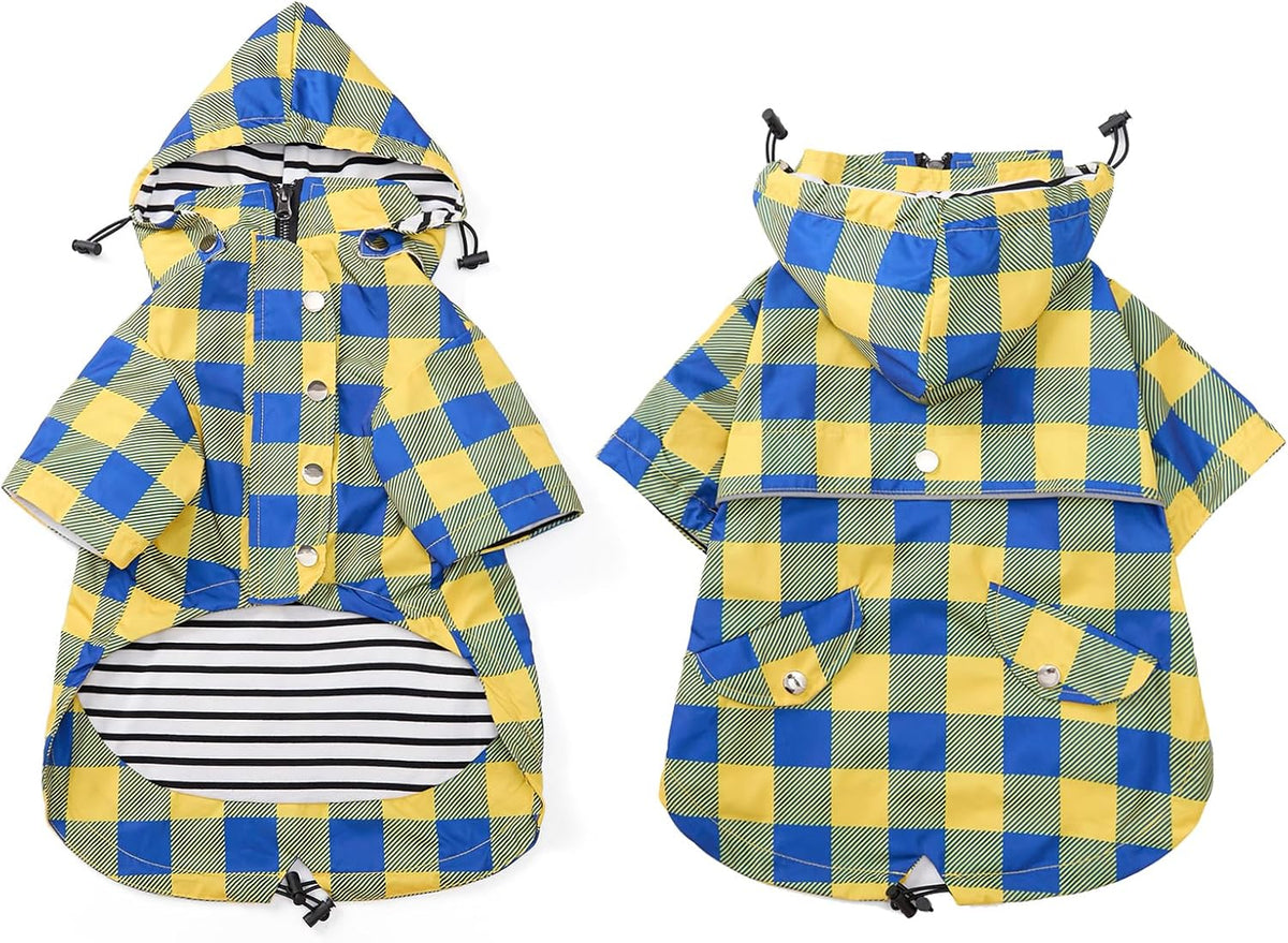 Dog Zip Up Raincoat with Reflective Buttons, Rain/Water Resistant, Adjustable Drawstring, Removable Hood, Raincoats with Legs 8lbs to 80lbs Available - Yellow - L