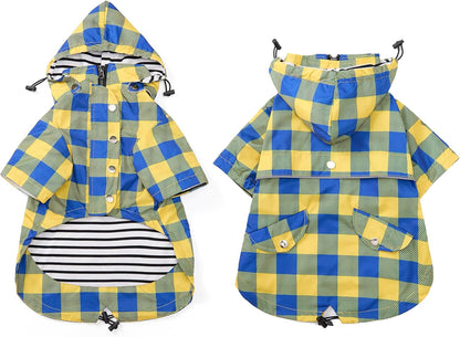 Dog Zip Up Raincoat with Reflective Buttons, Rain/Water Resistant, Adjustable Drawstring, Removable Hood, Raincoats with Legs 8lbs to 80lbs Available - Yellow - L