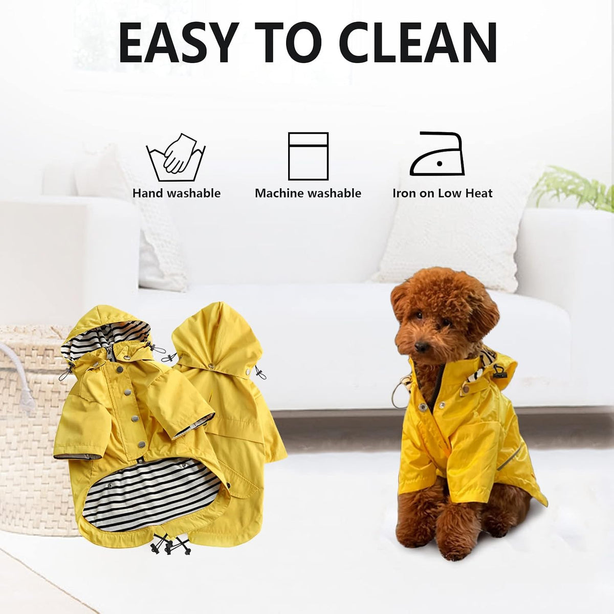 Dog Zip Up Raincoat with Reflective Buttons, Rain/Water Resistant, Adjustable Drawstring, Removable Hood, Raincoats with Legs 8lbs to 80lbs Available - Yellow - L